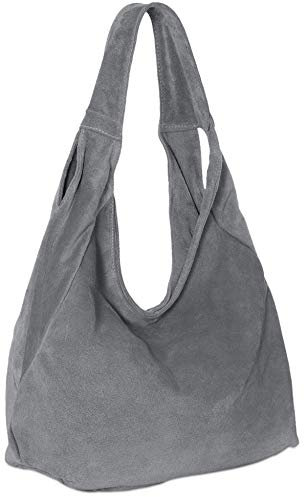 Caspar Große Damen Veloursleder Schultertasche Samtweiche Beuteltasche aus Leder - PREMIUM LINE - Modell No.618 - Made in Italy, Farbe:dunkelgrau