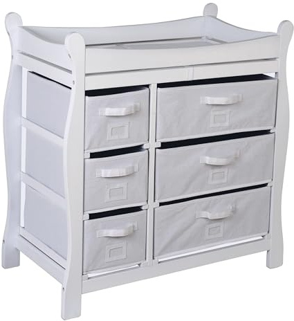 Badger Basket Sleigh Style Baby Changing Table with 6 Storage Drawers and Pad - White
