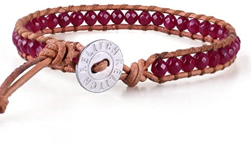 KELITCH Januar Geburtsstein Rot Granat Perle Single Wickeln Armband Auf Braun Leder