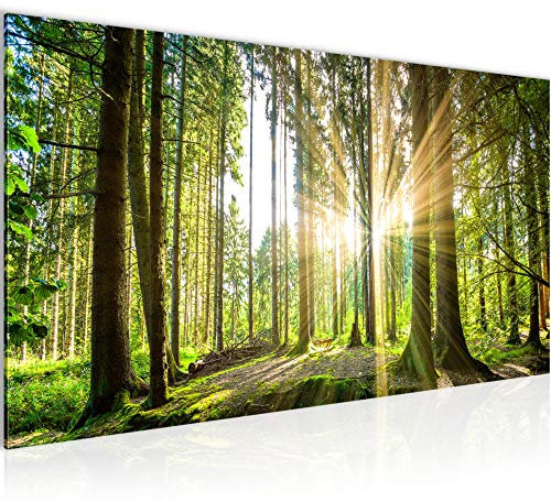 Runa Art Wandbild Wald Landschaft 1 Teilig 100 x 40 cm Modern Bild auf Vlies Leinwand Sonne Schlafzimmer Wohnzimmer Grün 503812b