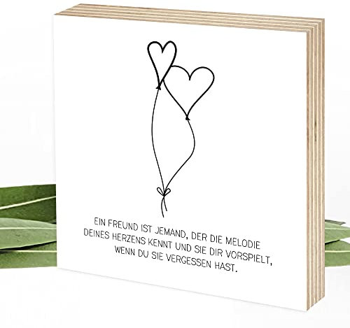 Wunderpixel® Holzbild Freundschaft Liebe - 15x15x2cm zum Hinstellen/Aufhängen, echter Fotodruck mit Spruch auf Holz - schwarz-weißes Wand-Bild Aufsteller zur Dekoration oder Geschenk-Idee