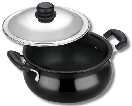 Vinod Black Pearl Hard Anodised Non Stick Handi with Lid - 2 Litre, Mini | 3.25mm Thickness | Biryani Pot| Indian Cooking Pot| Curry Pot | Metal Spoon Friendly | 2 Year Warranty | Toxin Free - Black