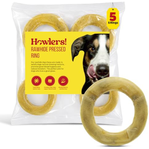 Howlers Natural Rawhide Pressed Rings, 15 cm, Pack of 5 | Natural rawhide chews, 15 cm rings, Pack of 5, Long-lasting chew treat, Supports chewing activity, Suitable for dogs