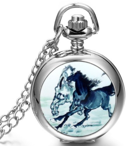 JewelryWe Damen Herren Taschenuhr Emaille Doppel laufende Pferden Uhranhänger Quartz Legierung Kettenuhr Uhr Halskette