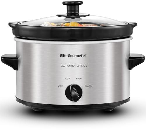 Elite Gourmet MST-275XS Electric Oval Slow Cooker, Adjustable Temp, Entrees, Sauces, Stews & Dips, Dishwasher Safe Glass Lid & Crock (2 Quart, Stainless Steel)