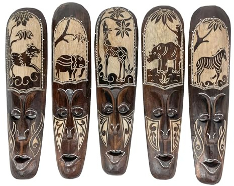 Zeckos Artisan-Carved Set of 5 Hand-Crafted Wooden African Animal Wall Masks: Unique Tribal Art Sculptures - Each 20 Inches High - Perfect for Cultural Decor