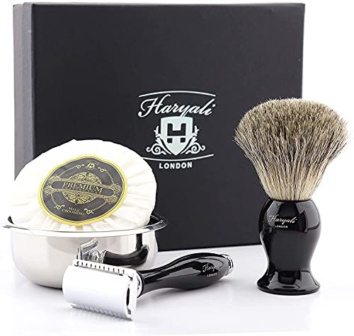 Haryali London Luxus-Nassrasur-Set für Herren – Rasierset mit Rasierpinsel, Sicherheitsrasierer, Rasierschale und Rasierseife. Nassrasur-Set für Damen und Herren.