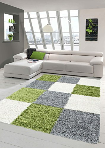 Shaggy Hochflor Langflor Teppich Wohnzimmer Gemustert in Karo Design Grün Grau Creme Größe 60x110 cm