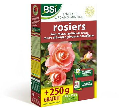 BSI - Engrais - Rosiers - Bio - Organo-Minéral - Pour Toutes Les Sortes De Rosiers - Floraison Éclatante - Action Longue Durée - 1Kg + 250g Gratuit - Jusqu'à 12,5 m² - UAB, Aucune