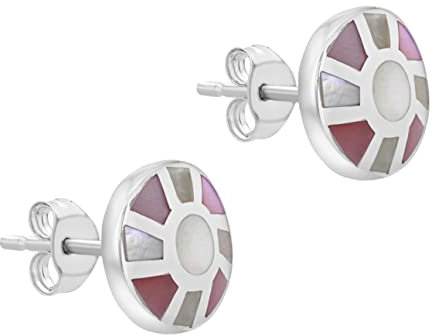 Tuscany Silver Women's Sterling Silver Pink and White Mother of Pearl Stud Earrings