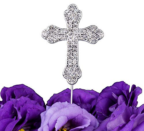 LOVENJOY Kreuz Kuchen Topper Silber Strass Kristall Tortenaufleger Taufe Tortendeko für Hochzeit Religiöse Erstkommunion Konfirmation (2.2-inch wide)