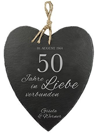 Casa Vivente Großes Schieferherz mit Gravur zur Goldenen Hochzeit - Personalisiert mit [Namen] und [Datum] - 50 Jahre in Liebe verbunden - Aufhängen mit Jute-Band - 23 cm x 27 cm x 0,66 cm