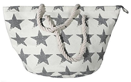 Einkaufstasche,Shopper creme ausgewebtem Naturmaterial mit grauem Sterndekor,Kordelgriff und Innentasche