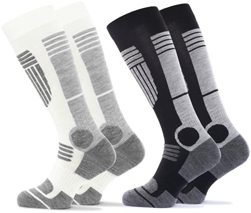 Occulto 2 Paar DAMEN SKISOCKEN mit POLSTERUNG in verschiedenen Farben, THERMO WINTERSOCKEN für SKI und SNOWBOARD 1 Paar Schwarz | 1 Paar Weiß 39-42