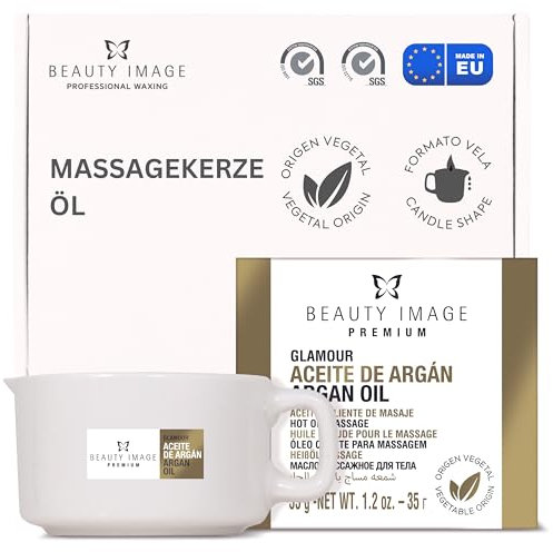 BEAUTY IMAGE Große Massagekerze – Argan und Gold – Glamour. 2 bis 3 Ganzkörpermassagen. Heißes Öl für professionelle Massage. Massagekerze für Sex.
