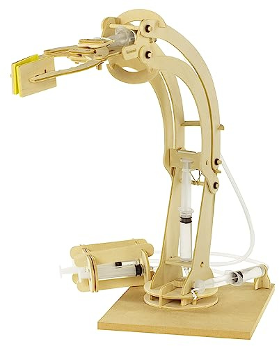 Hydraulischer Roboter-Arm Bausatz - Set aus Holz, über 50 Einzelteile, Wasserbetrieb ohne Strom - Holzbausatz, bis zu 73cm hoch und bis zu 49cm lang