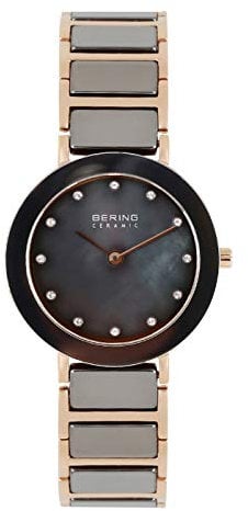 BERING Damen Quarz Uhr | Armbanduhr 29 mm roségoldenes Edelstahlgehäuse und graues Zifferblatt | Edelstahlband mit Keramikelementen | 5 ATM | 11429-769