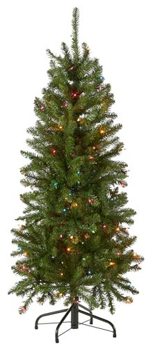 National Tree Kingswood Bleistiftbaum mit 300 bunten Lichtern, aufklappbar (KW7-313-70), 1,4 m, Grün