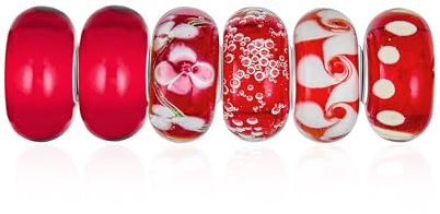 Mélange De Perles En Argent Sterling .925 Avec Âme Translucide Dans Les Tons Rouges Et Blancs, Avec Des Rayures Florales En Verre De Murano Et Un Tourbillon, Pour Les Bracelets Européens Pour Femmes