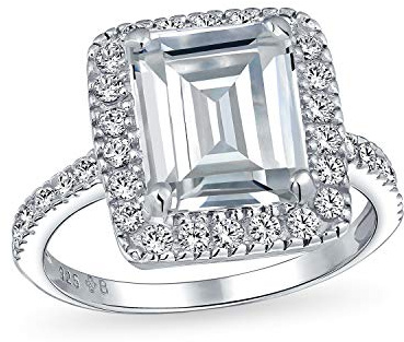 Art Deco Stil 5CT Statement AAA CZ Halo Rechteck Smaragdschliff Solitär Verlobungsring für Frauen mit 1MM dünnem Pave Band .925 Sterling Silber