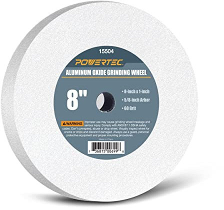 POWERTEC Bench Grinder Wheel 8 Inch 60 Grit, White Aluminum Oxide Grinding Wheel for Bench Pedestal Grinder, 1 Thick 5/8 Arbor, Sharpening & Shaping Drill Bits, Blade, and Chisel 1PK (15504)