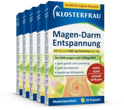 Klosterfrau Magen-Darm Entspannung Kapseln | 5 x 20 Kapseln | Bei Blähungen und Völlegefühl | mit bis zu 1.000 mg Simeticon pro Tag extra stark | Schnell wirksam