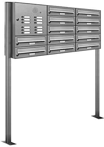 AL Briefkastensysteme 12er V2A Edelstahl Stand Briefkasten mit Klingel rostfrei als 12 Fach Briefkastenanlage DIN A4 in Postkasten Design modern