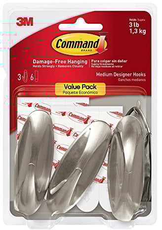 Command Designer Hooks, Medium, Brushed Nickel, 3-Hooks (17081BN-3ES), Great for dorm decor