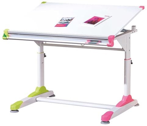 Inter Link – Höhenverstellbarer Schreibtisch – Kinderschreibtisch – Schülerschreibtisch – Neigungsverstellung – Ablagefach – Weiß mit applikationen in Rosa und Grün – 2Colorido