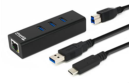 Plugable USB Hub with Ethernet, 3 port USB 3.0 Bus Powered Hub with Gigabit Ethernet Compatible with Windows, MacBook, Linux, Chrome OS, Includes USB C and USB 3.0 Cables