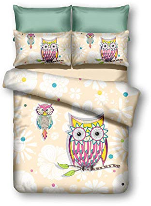 DecoKing 155x220 cm Bettwäsche mit 1 Kissenbezug 80x80 Eule Eulen Bettwäscheset Bettbezüge Microfaser Bettwäschegarnituren Reißverschluss Owls Collection Summer Story Creme weiß rosa gelb blau