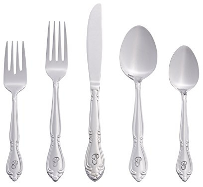 RiverRidge Rose Monogrammiertes Besteck-Set, 46-teilig, Besteck-Set mit Servierteilen, schwerer Edelstahl, spiegelnde Oberfläche, spülmaschinenfestes Besteck für den täglichen Gebrauch