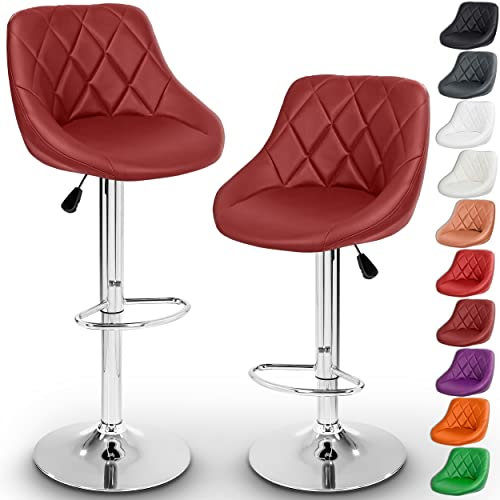 TRESKO Barhocker 2er Set mit Lehne - Barstuhl höhenverstellbar - Hocker für Theke & Küche, Barstühle 360° drehbar - verchromter Stahl, Fußstütze (Weinrot)