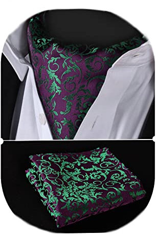 HISDERN Krawattenschal Herren Paisley Halstuch Ascot-Krawatte Seide Ascot Krawatte und Einstecktuch Set für Elegant Hochzeit Party,Lila & Grun,Einheitsgröße