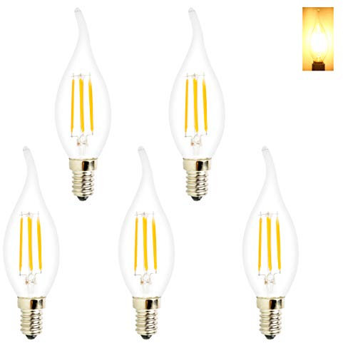 5 Pack 4W LED Glühfaden Kerze-Glühlampe, 3000K Warmweiß 400LM, E14 Kerzenleuchter Sockel Lampe C35 Flammenform gebogener Spitze, 40W Glühlampenlicht Ersatz