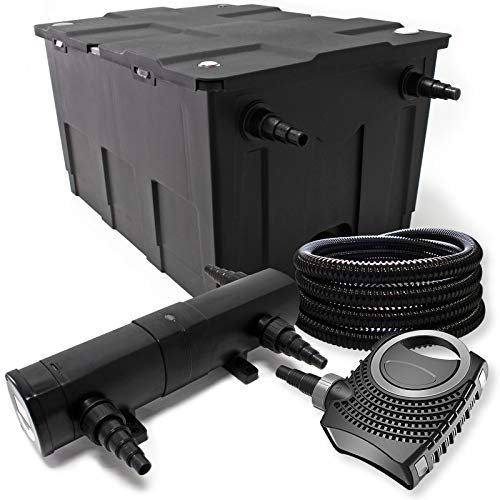 Wiltec Komplettset: CBF-550 Teichfilter bis 60000 L Teichfilteranlage als Durchlauffilter, NEO10000 SuperECO Teichpumpe 10000l/h 80W, CUV-218 Teichklärer UVC Klärer mit 18W, 25m Teichschlauch 25 mm