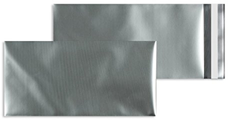100 Stück, Farbige Folienumschläge, DIN Lang, Haftklebung mit Abziehstreifen, Gerade Klappe, 70 my Aluminisierte PP-Folie - matt, Ohne Fenster, Silber, Blanke Briefhüllen