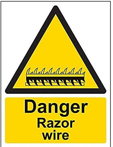 V Safety Danger Razor Wire Warning Sign - 150mm x 200mm - Self Adhesive Vinyl