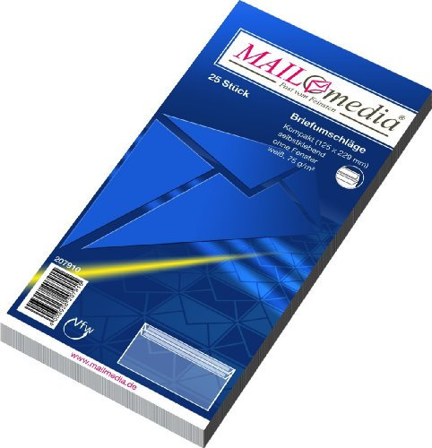 MAILMEDIA 30022376 Kompaktumschläge ohne Fenster (229x125 mm), selbstklebend, 75 g/qm, 25 Stück