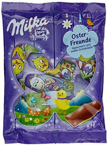 Milka Oster-Freunde 120g, Zartschmelzende Schokoladenfiguren aus feinster Alpenmilch in drei zufällig ausgewählten Designs