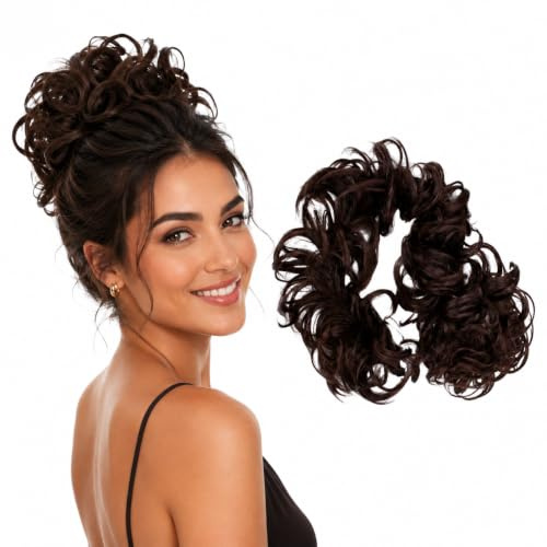 CAISHA 80cm Synthetic Wrap Bun Hair Piece Extension Dark Brown HW7 | Heat Resistant Chignon Updo Scrunchie Voluminous Wavy Donut Accessories Messy Elastic Band Bridal Wedding Party Top Knot Fake