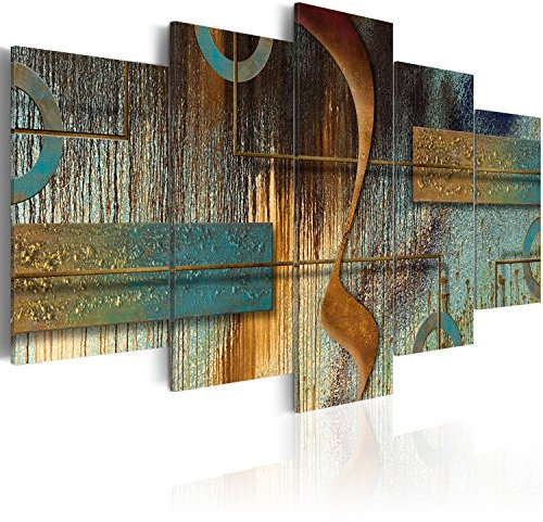 B&D XXL - Wandbilder XXL Abstrakt 200x100cm Vlies Leinwandbild 5 tlg Kunstdruck Wandbilder Leinwandbilder Groß Wohnzimmer Wanddekoration Wand Bild Struktur Textur geometrische Formen türkis