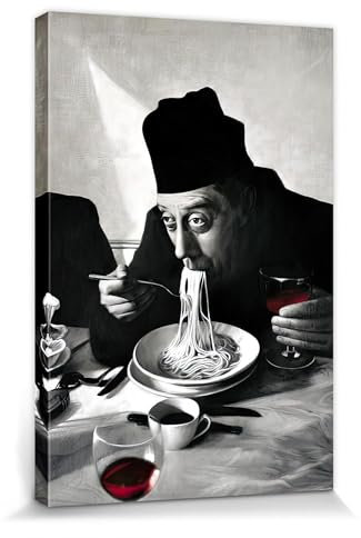 1art1 Kochkunst Poster Spaghetti, Rotwein, Don Camillo Bilder Leinwand-Bild Auf Keilrahmen | XXL-Wandbild Poster Kunstdruck Als Leinwandbild 30x20 cm