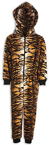 Camille Childrens Super Soft Fleece Onesie - Hooded All In One - Long Sleeved and Full Length with Elasticated Cuffs and Ankles Gold Tiger Print 12-14 Years