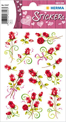 HERMA 3347 Aufkleber Rosen Rot klein, 26 Stück, Blumen Sticker mit Schleife Pflanzen Motiv, selbstklebend, Etiketten für Valentinstag Liebe Hochzeit Geburtstag Scrapbooking Dekoration Geschenk Briefe