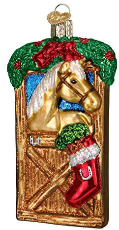 Old World Christmas Selection Glass Blown Ornaments for Christmas Tree Horse in Stall, Brown/Tan/Red/Green, 4. 25inch x 2inch x 1. 25inch
