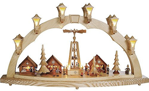 Richard Glässer Seiffen Schwibbogen Weihnachtsmarkt, Länge 80 cm, natur, komplett elektrisch beleuchtet, original Erzgebirge