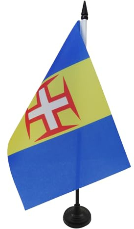 AZ FLAG Drapeau de Table Madère 21x14 cm Polyester 100D Socle Plastique | Usage intérieur Drapeau de bureau portugais finition cousue et bords renforcés avec mât en plastique et socle en plastique