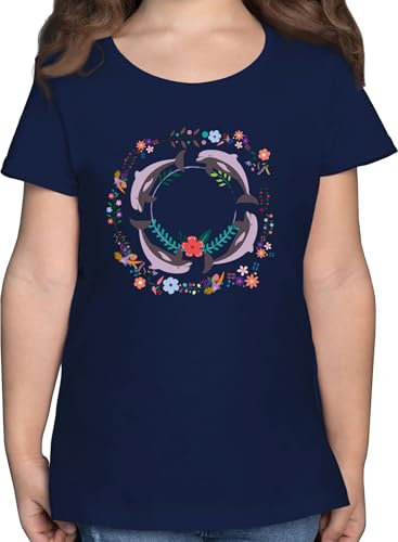 T-Shirt Mädchen - Tiermotiv Animal Print - Vintage Delfine Blumen Dolphin Flowers - 140 (9/11 Jahre) - Dunkelblau - Tier t Shirt tiermotive Delfin Tshirt tiermotiven Delphin Shirts Animals Tshirts