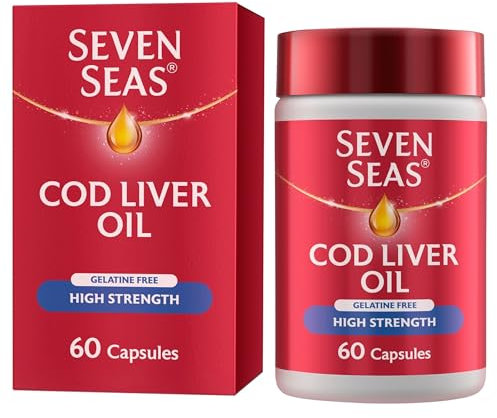 Seven Seas High Strength Cod Liver Oil Tablets With Omega-3, Fish Oil, Gelatine Free, EPA and DHA, Plus High Strength Vitamin D, 60 Capsules